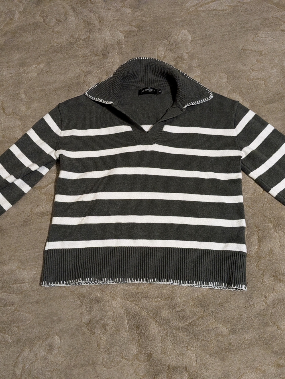 MEROKEETY Women’s Small Striped V Neck Collared Sweater Gray White Knit Pullover